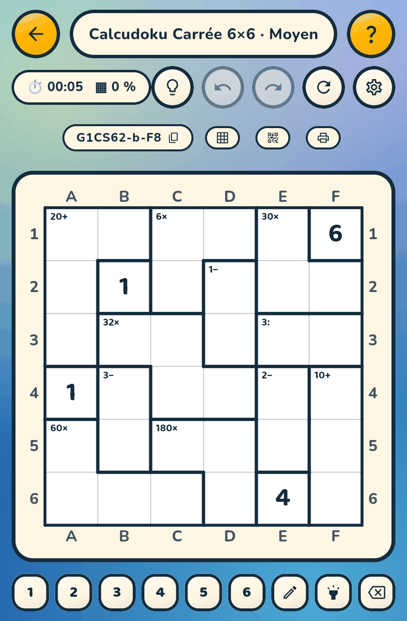 Čtvercové Calcudoku 6×6: klece hlásí 20+, 32×, 3−, 3: